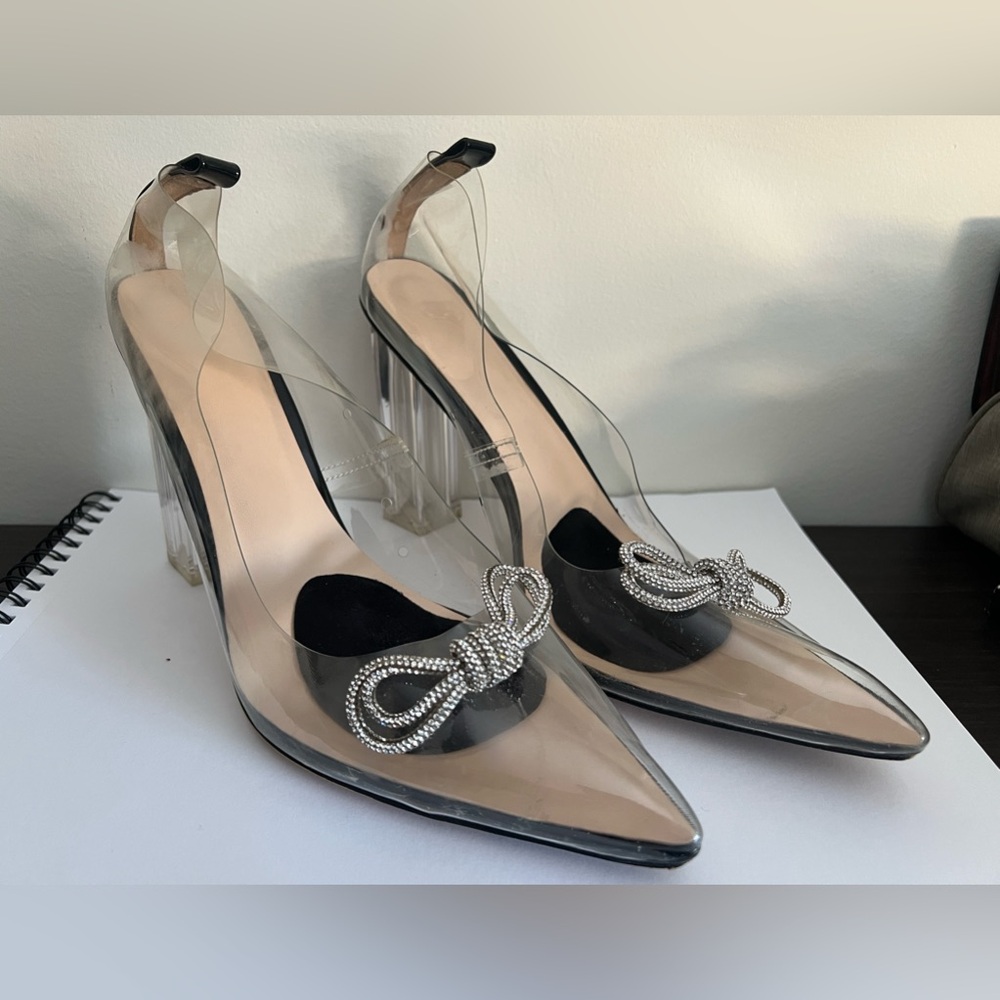 Clear block heels size 15 with crystal bow. Hand made shoe